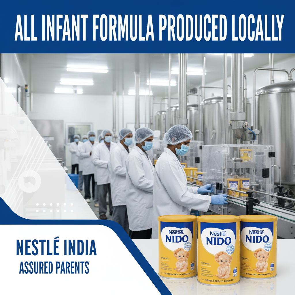 Workers in a sterile Nestle facility with infant formula products in the foreground.