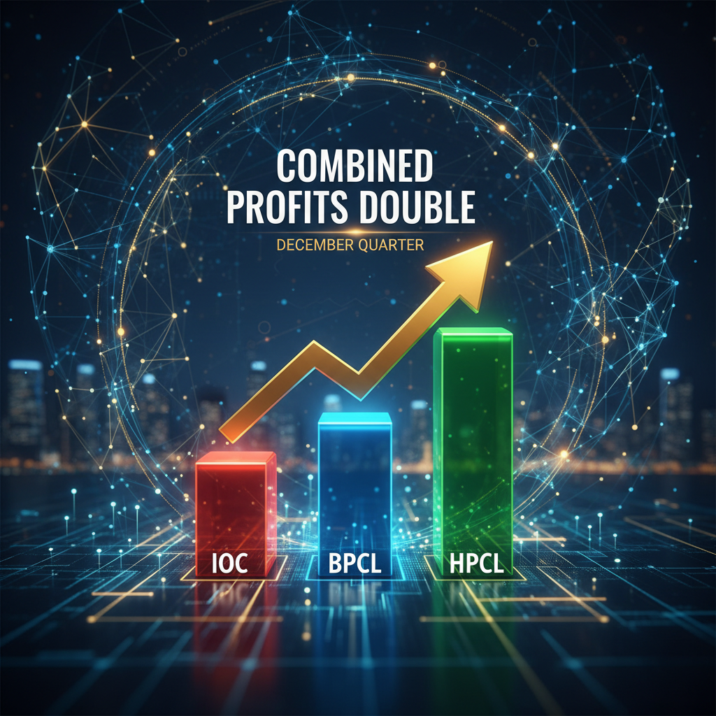 A bar chart with an upward arrow, representing profit growth for IOC, BPCL, and HPCL against a digital city background.