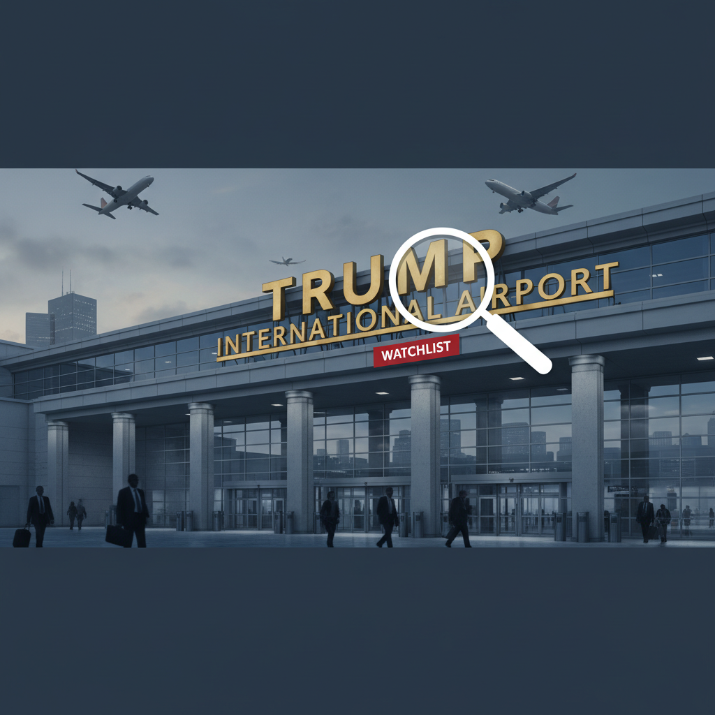 A modern airport terminal with "Trump International Airport" on its facade, a magnifying glass over it, and "WATCHLIST" below.