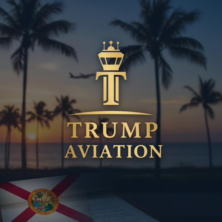 A professional image featuring the golden "Trump Aviation" logo with a control tower motif, set against a blurry Florida sunset with palm trees and an airplane. The bottom left shows a partial Florida flag.