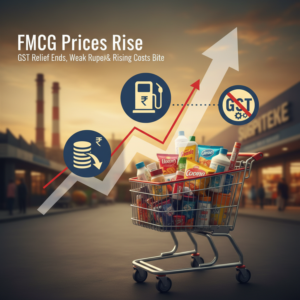 Shopping cart with groceries, increasing arrow, icons for GST, fuel, and rupee, blurred factory and store background.