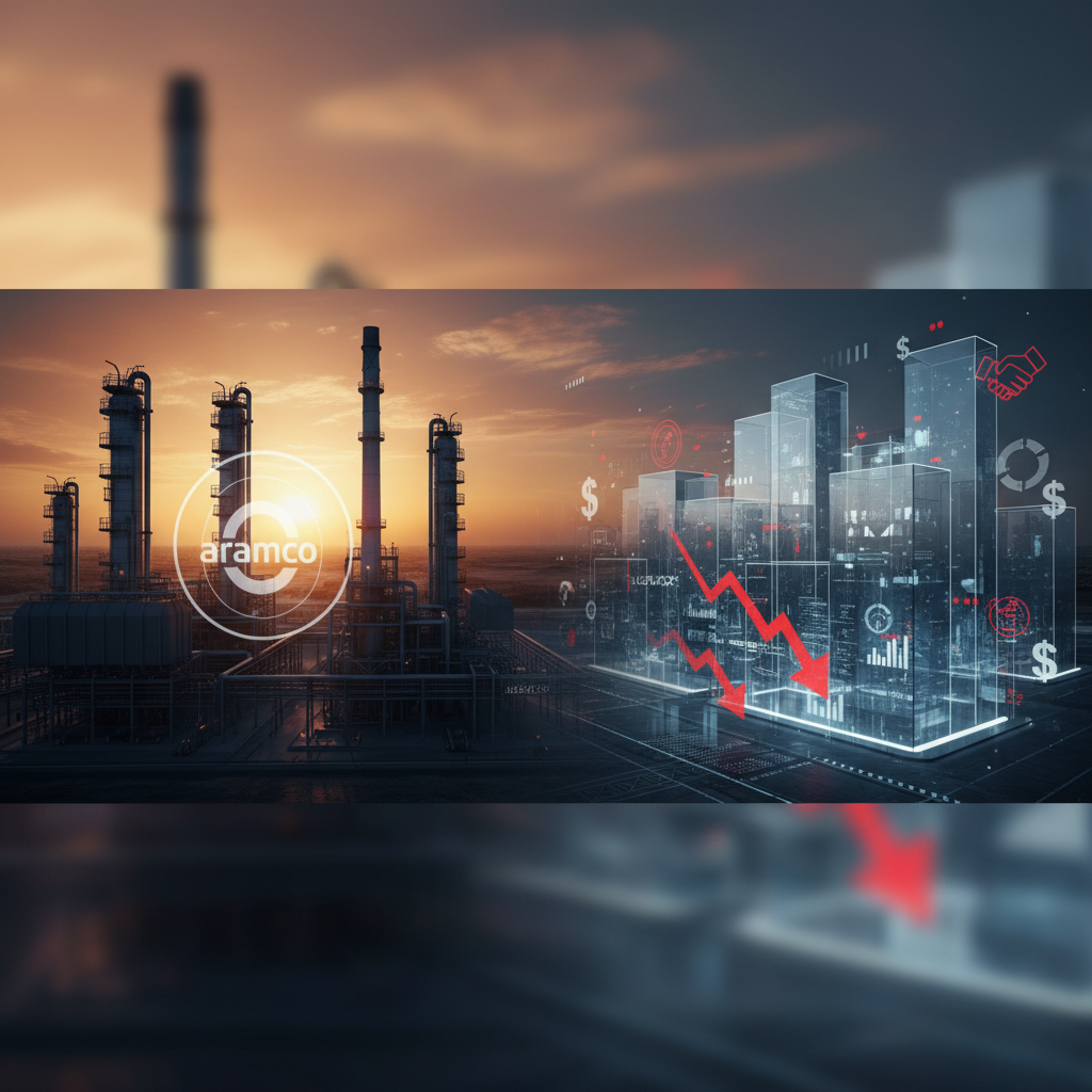 An image showing an Aramco oil refinery with overlaid financial graphs indicating a downturn and business icons.