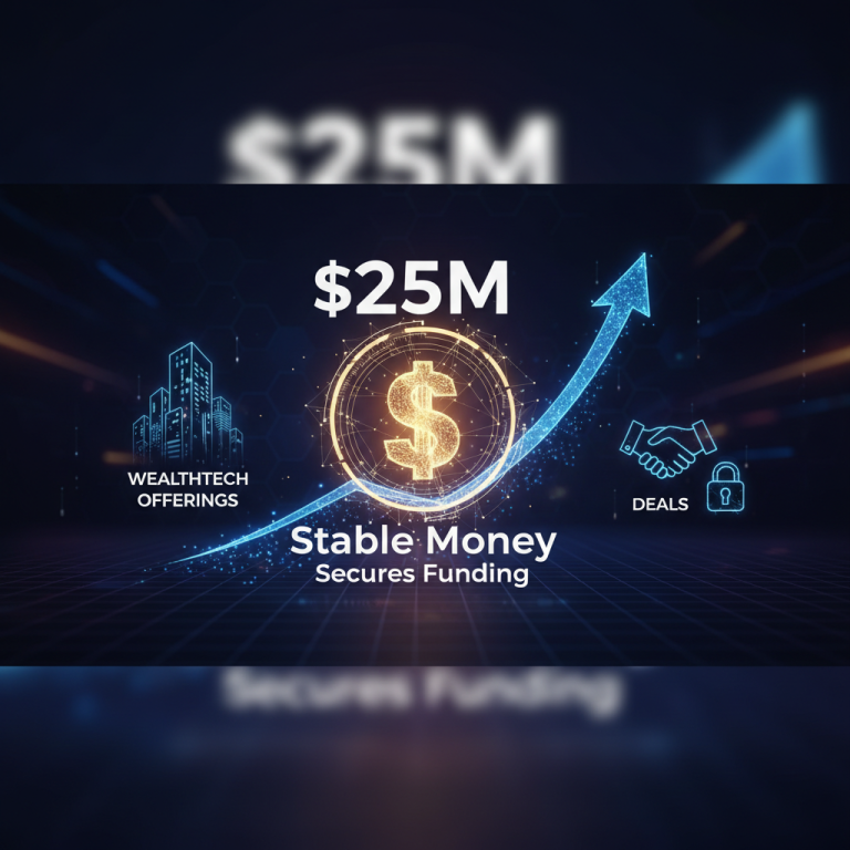 Digital illustration representing growth in Wealthtech, with dollar signs, city buildings, a handshake, and an upward-trending arrow.