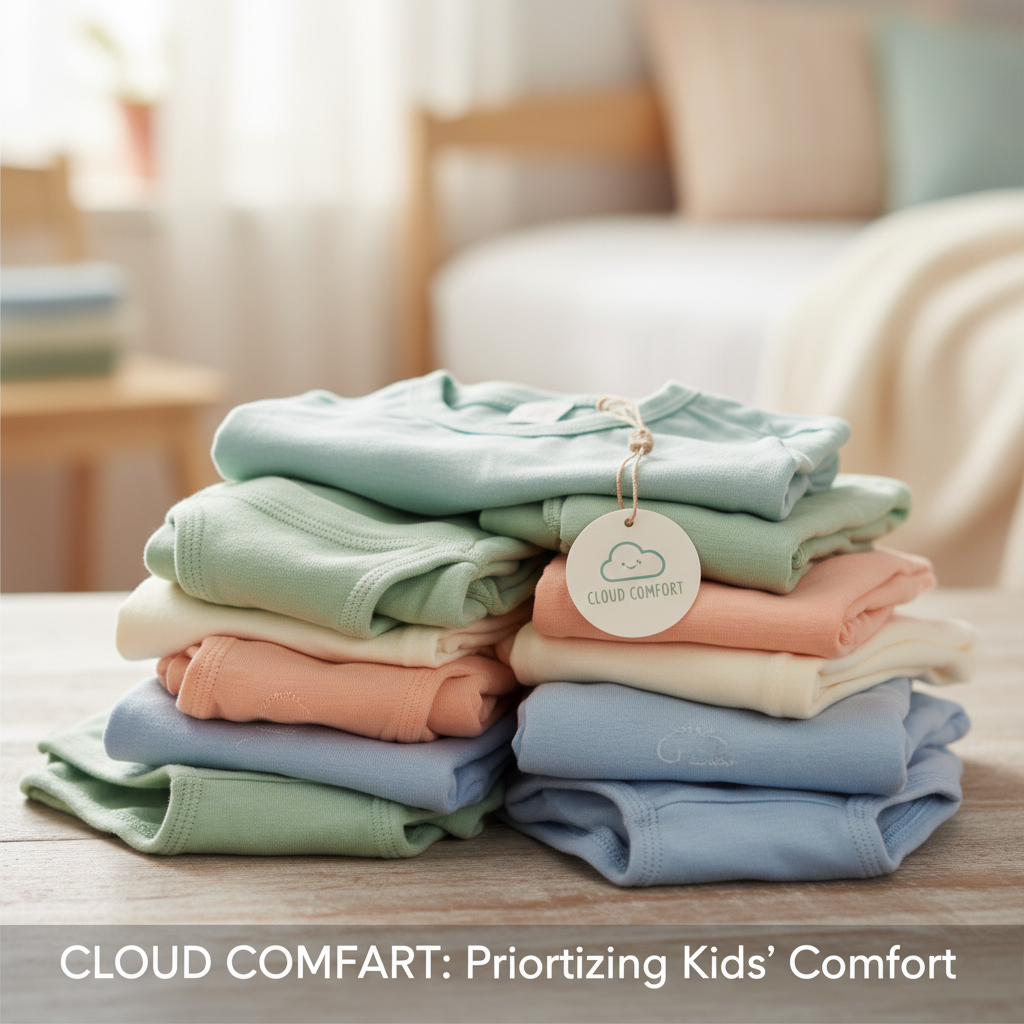 A neatly folded stack of colorful children's innerwear with a "Cloud Comfort" tag.