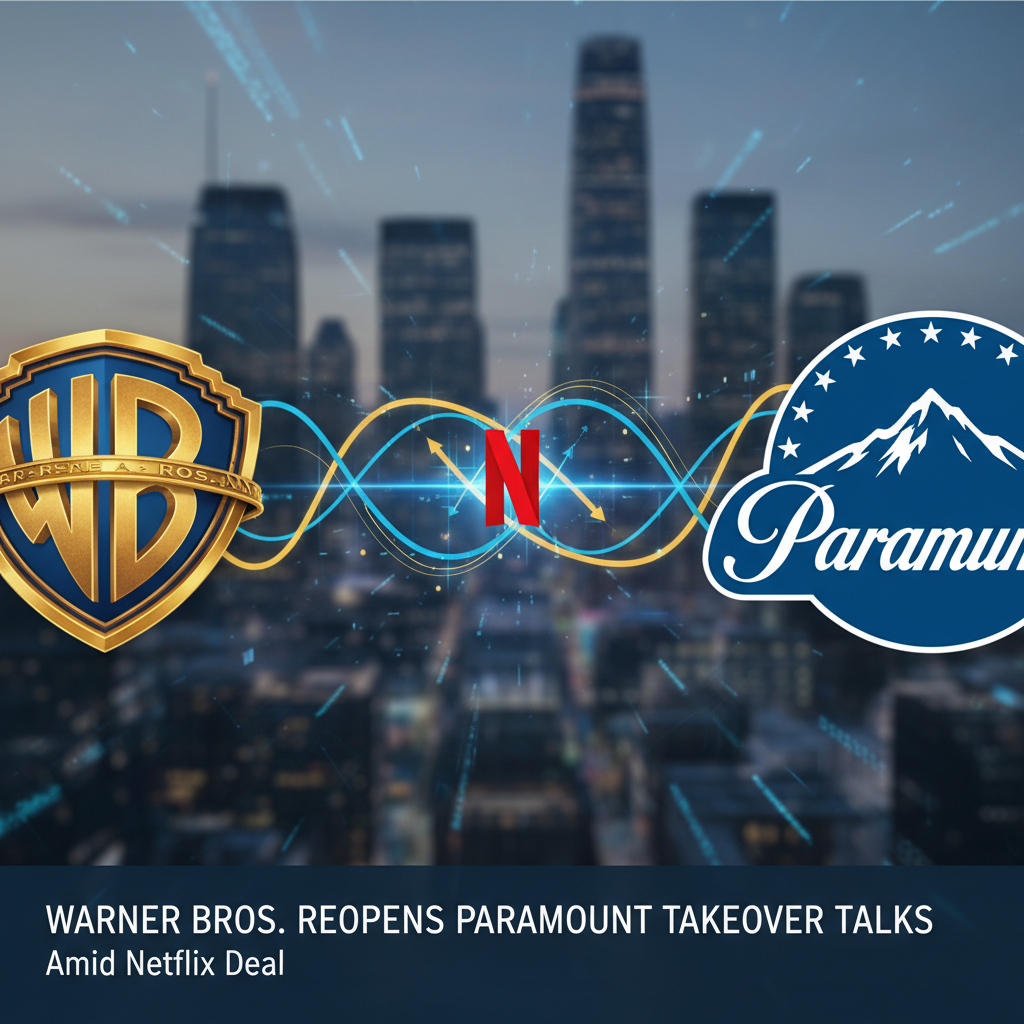 A professional image showing the logos of Warner Bros., Paramount, and Netflix linked by glowing digital lines against a blurred city background.