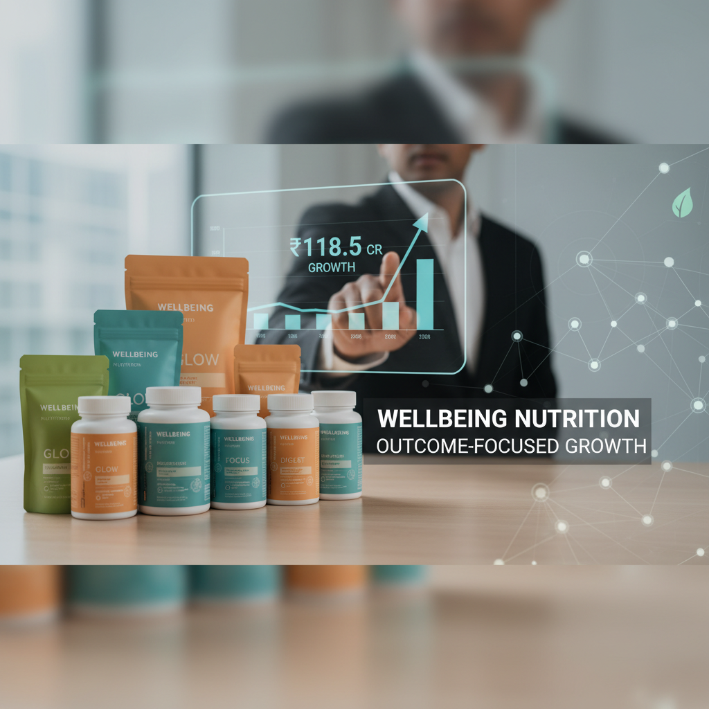 A professional image showing Wellbeing Nutrition products with a superimposed digital graph indicating ₹118.5 Cr growth.