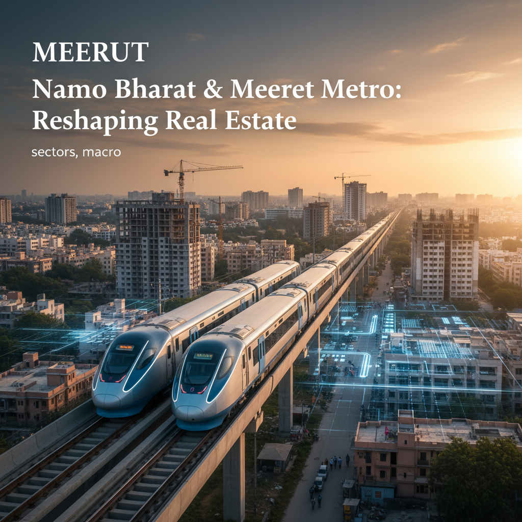 High-angle view of two modern trains on an elevated track, with a city skyline and construction sites under a sunset.
