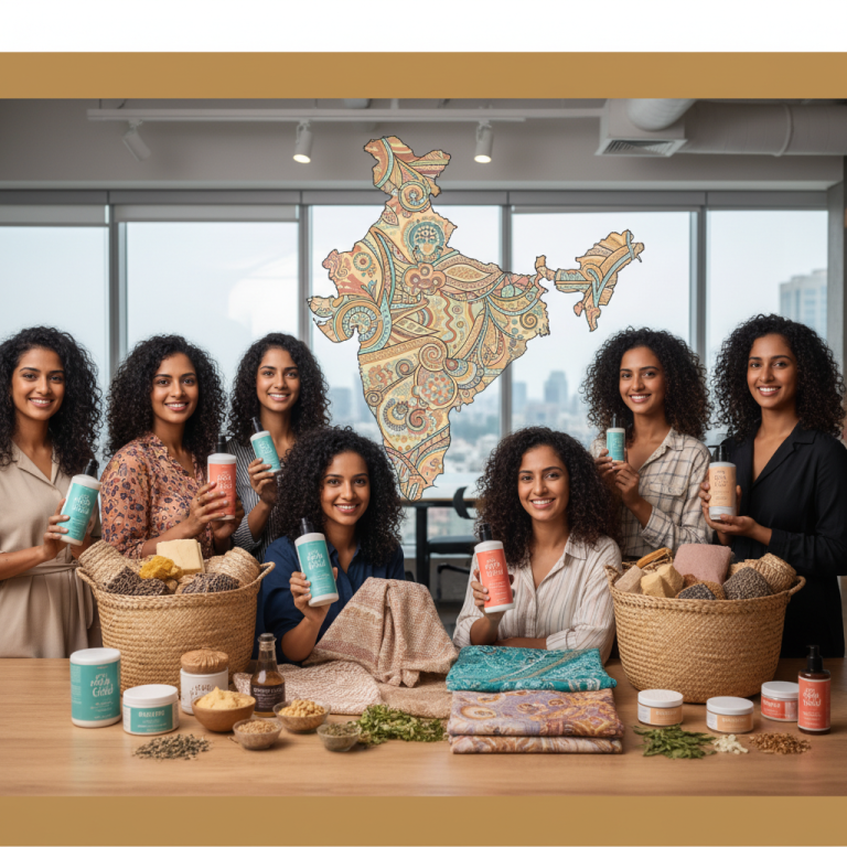 A group of diverse Indian women with curly hair proudly display hair care products from "Fix My Curls" with an India map in the background.