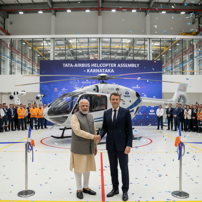 Indian PM Modi and French President Macron shake hands in front of a helicopter at a factory.
