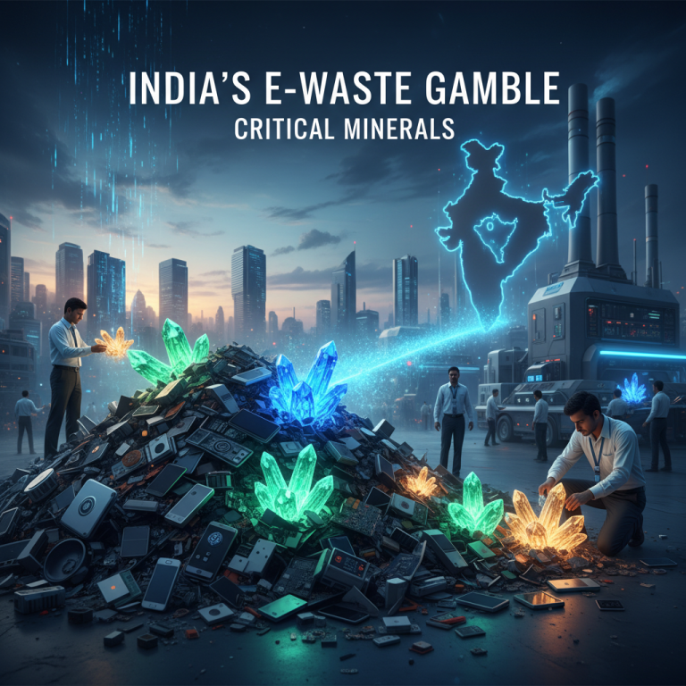 A professional image depicting a large pile of e-waste with glowing, colorful mineral crystals being extracted by workers.