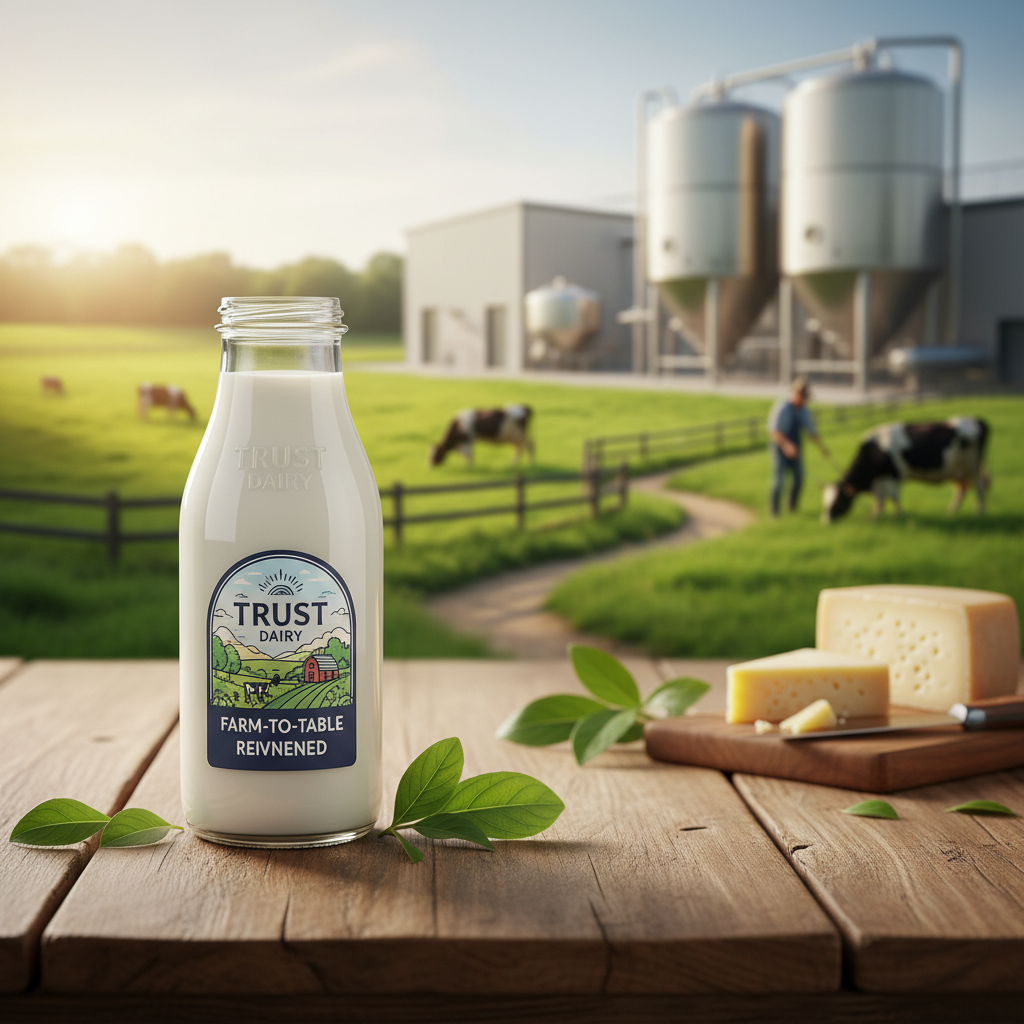 A bottle of "Trust Dairy" milk, fresh cheese, and green leaves on a wooden table, with a dairy farm in the background.