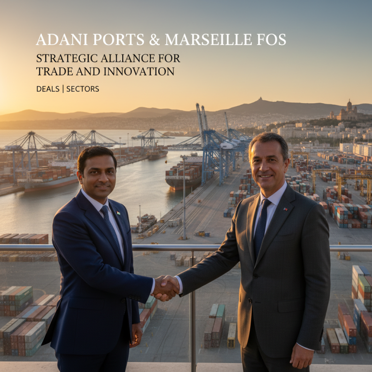 Two executives shaking hands with a bustling port and city skyline at sunset in the background, symbolizing a new partnership.
