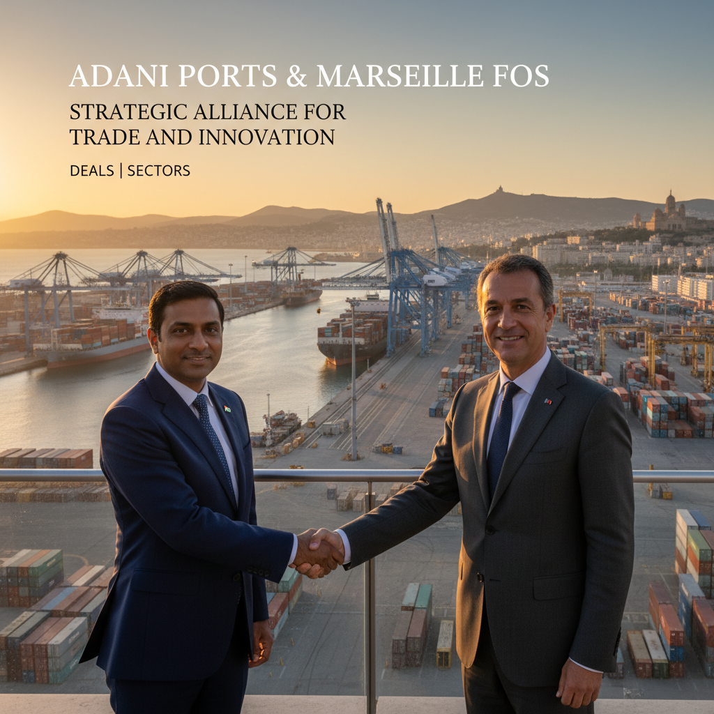 Two executives shaking hands with a bustling port and city skyline at sunset in the background, symbolizing a new partnership.