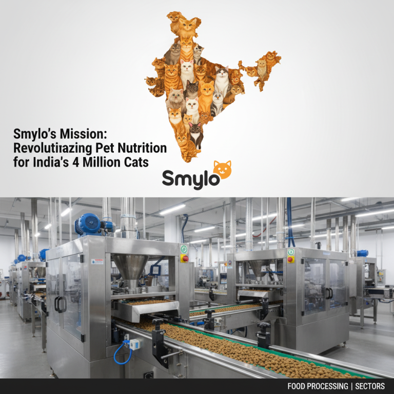 Pet food production line with bags of cat food and a map of India made of cats.