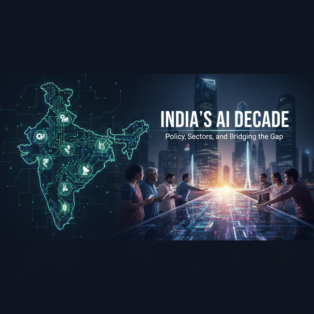 An image featuring a digital map of India with AI icons and people engaging with technology, set against a modern cityscape.