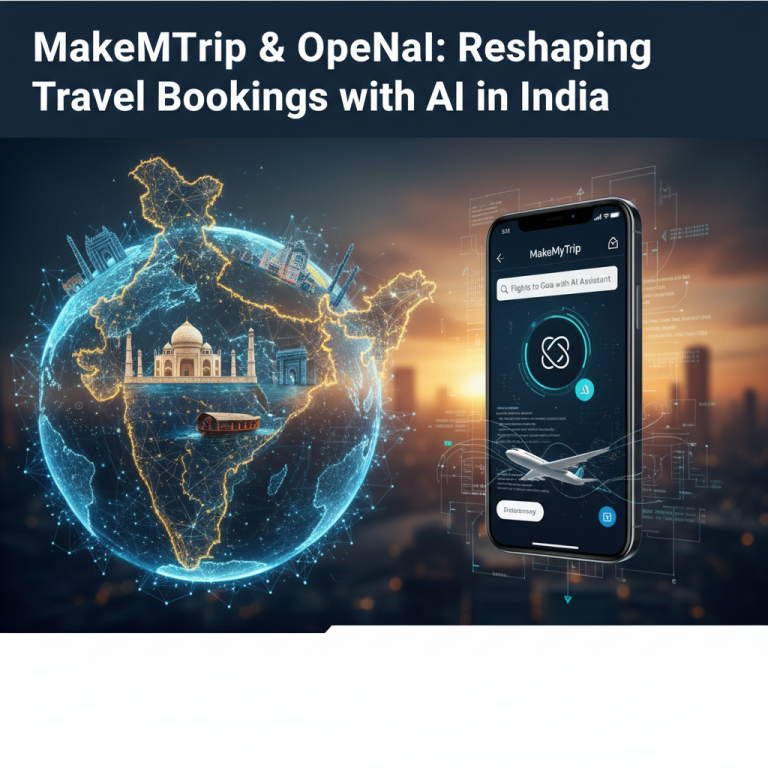 A professional image showing a globe with India highlighted, connected to a smartphone displaying the MakeMyTrip app.
