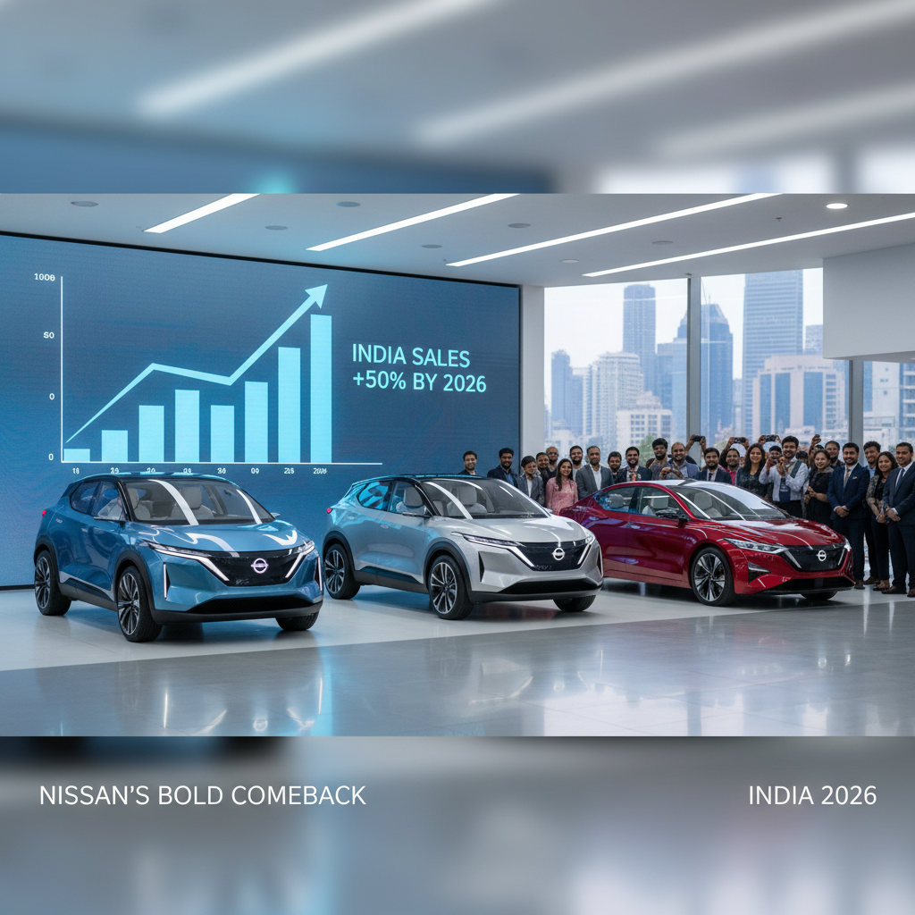 Nissan's latest car models displayed with a backdrop showing a sales growth chart and a team.