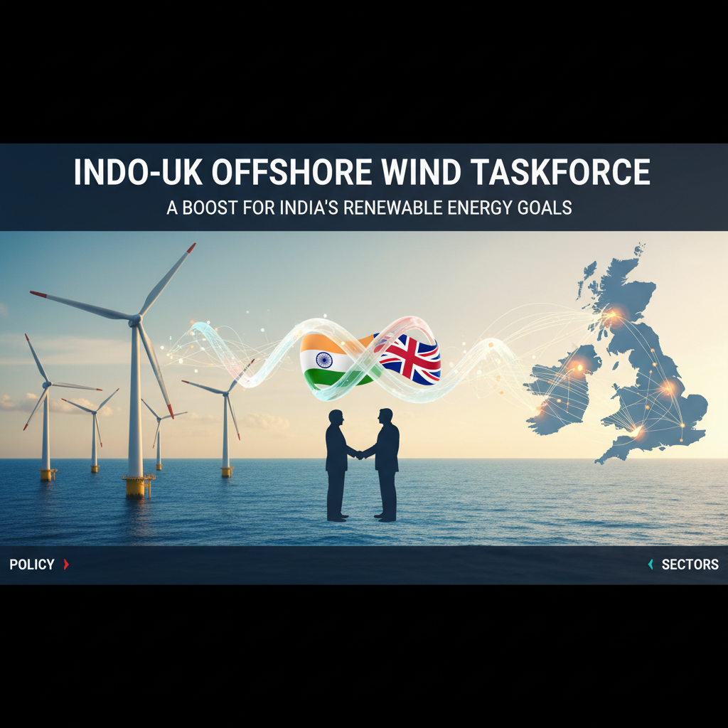 Two silhouettes shaking hands, with a hybrid India-UK flag and offshore wind turbines, representing renewable energy.