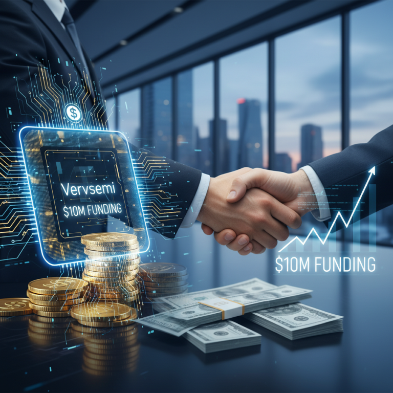 Two businessmen shaking hands, with money, a circuit board design, and a rising graph in the foreground.