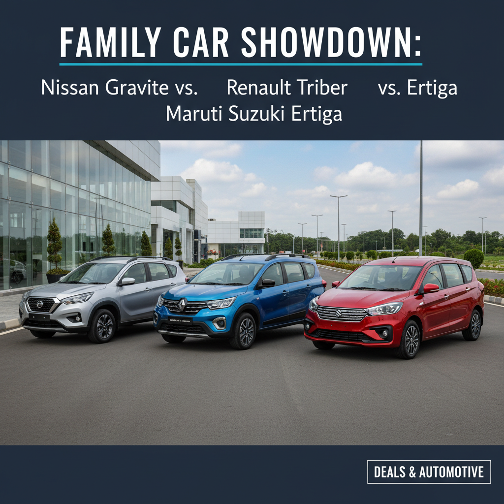 Three family cars, a silver Nissan Gravite, a blue Renault Triber, and a red Maruti Suzuki Ertiga, parked side-by-side.