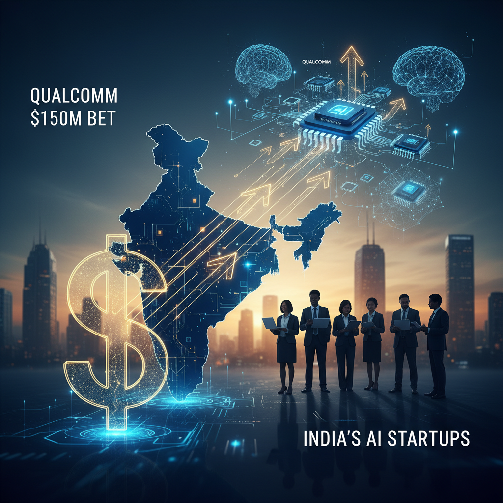 A professional image showing a glowing map of India, a large dollar sign, Qualcomm AI chips, and business professionals, symbolizing investment in India's AI startup ecosystem.