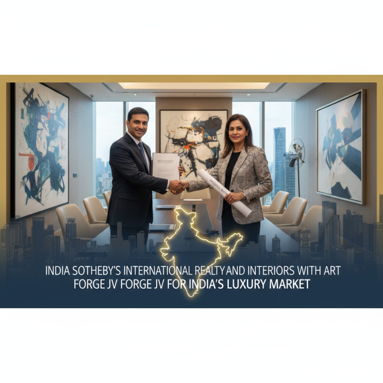 Two executives, a man and a woman, shaking hands in a modern office with abstract art, overlayed with the outline of India.