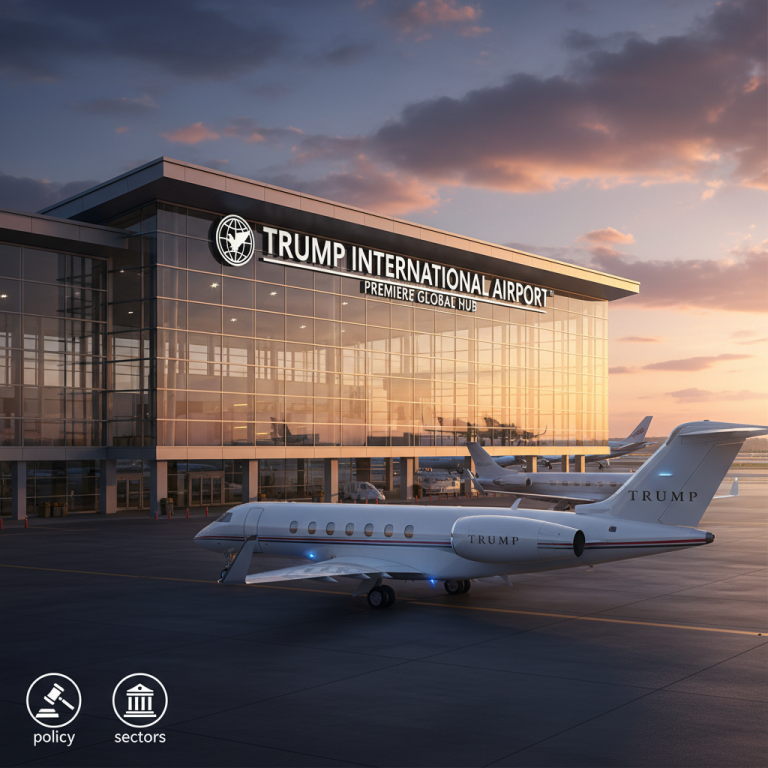 A modern airport terminal with "Trump International Airport" signage and private jets on the tarmac at sunset.