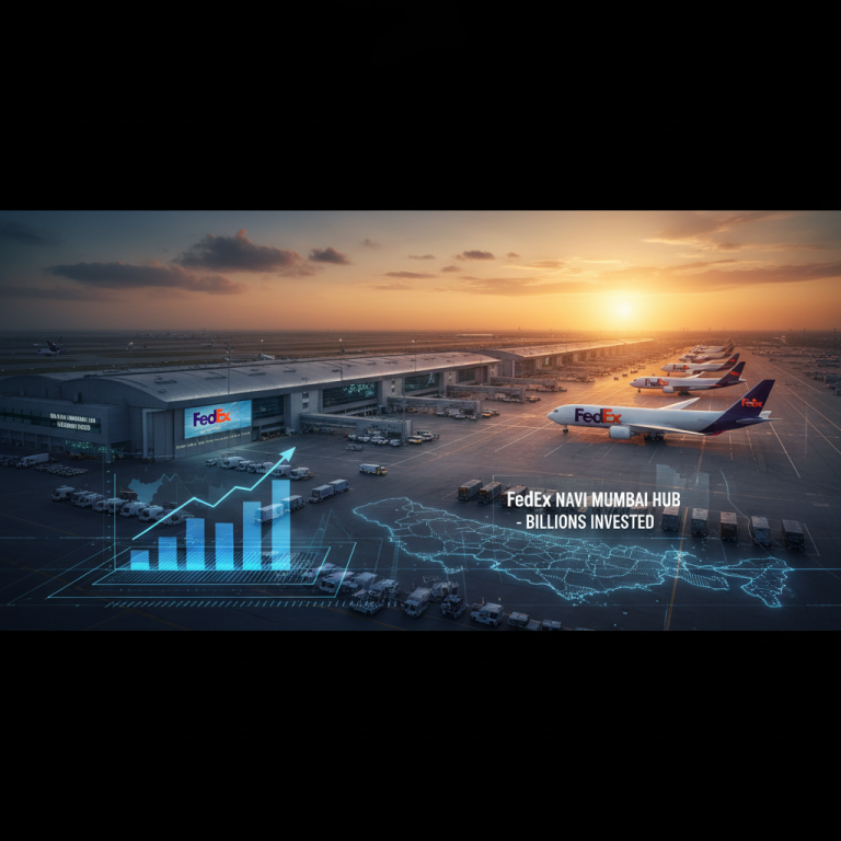 A modern airport cargo hub at sunset with FedEx planes and a rising financial graph overlay.