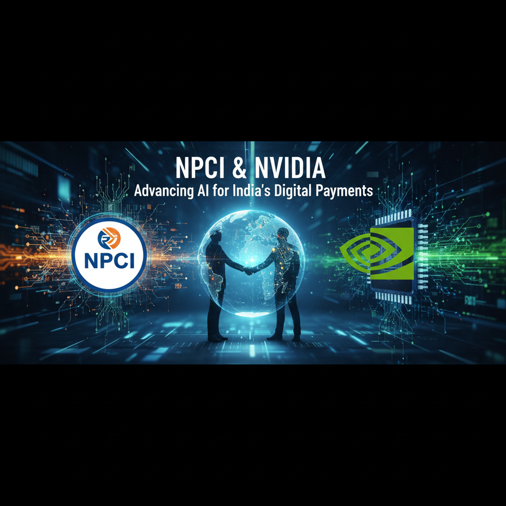 Two silhouettes shaking hands inside a glowing globe, flanked by NPCI and NVIDIA logos on a futuristic circuit board background.