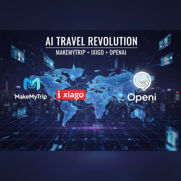 A digital map of the world with logos of MakeMyTrip, Ixigo, and OpenAI connected by lines, representing a partnership.