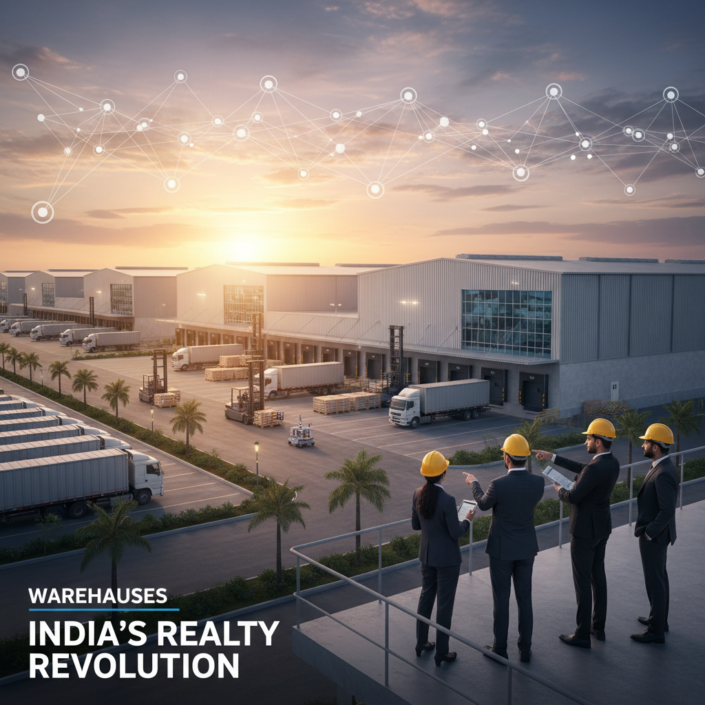Professionals overlook a modern logistics park at sunset with a digital network overlay, symbolizing growth.