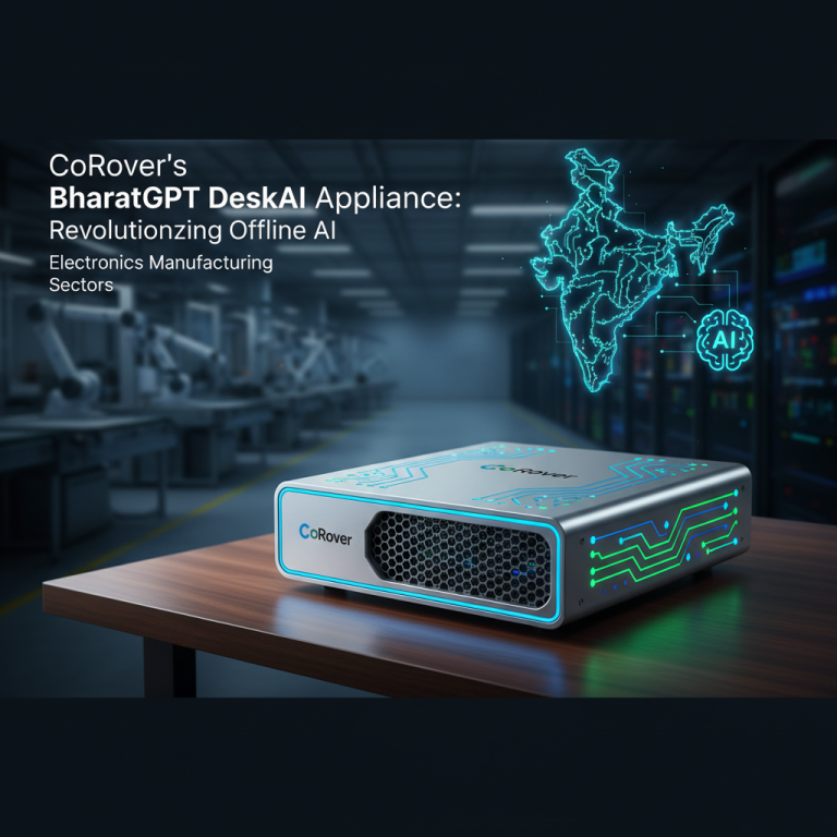 A sleek, futuristic DeskAI appliance with glowing circuits, set against a blurred electronics manufacturing factory background and a glowing map of India.