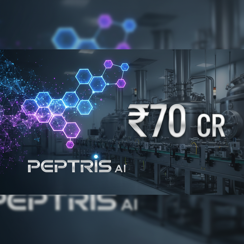 A visual representation of Peptris securing ₹70 crore for AI-driven drug discovery, showing technological and pharmaceutical elements.