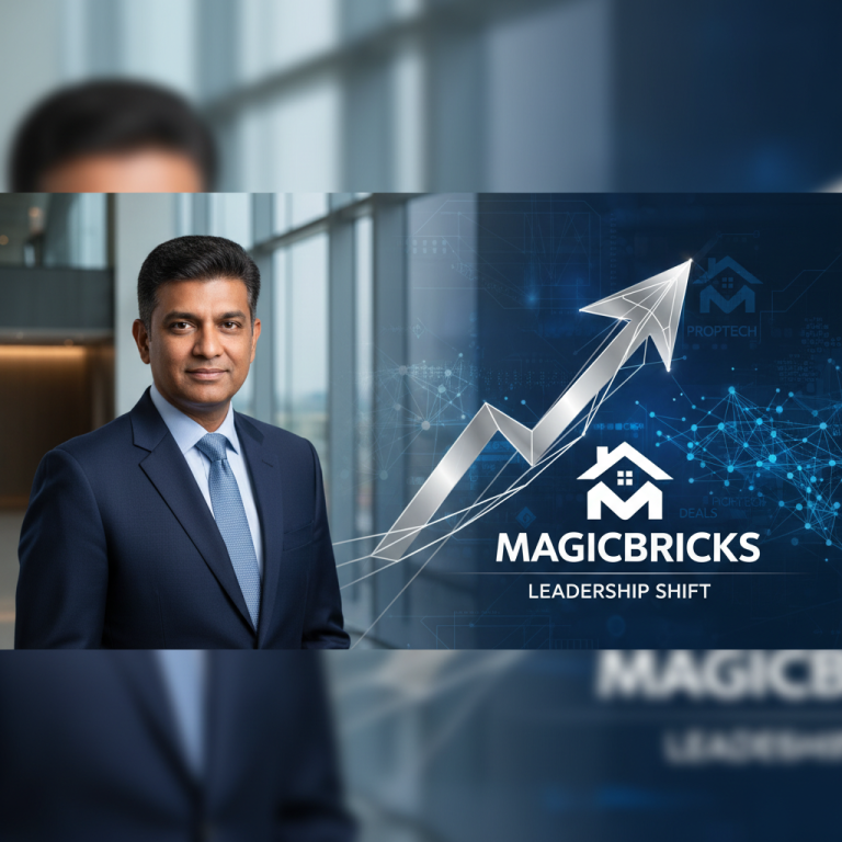 A professional image of Sudhir Pai with MagicBricks branding and an upward arrow symbolizing leadership transition.