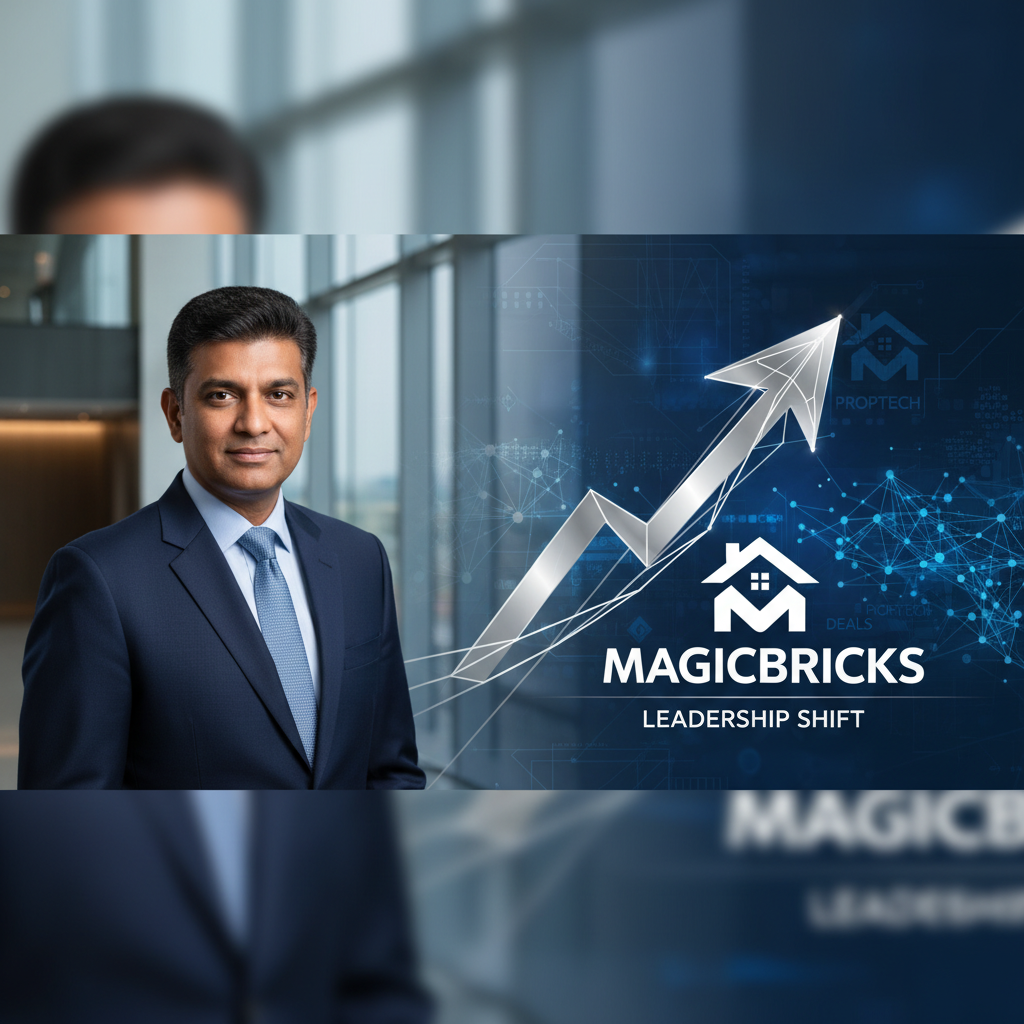 A professional image of Sudhir Pai with MagicBricks branding and an upward arrow symbolizing leadership transition.