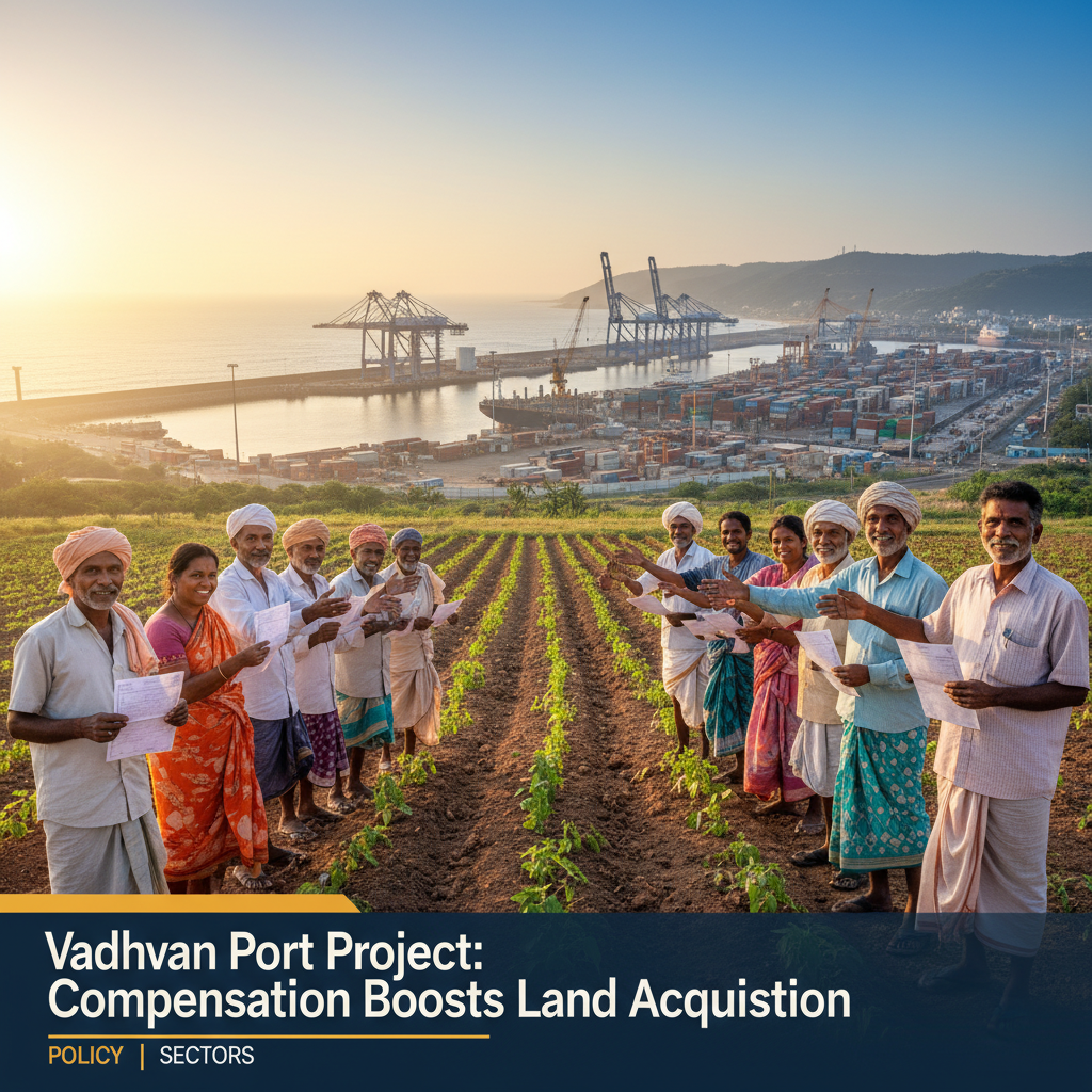 Farmers in a field with a port in the background, symbolizing land acquisition and development.