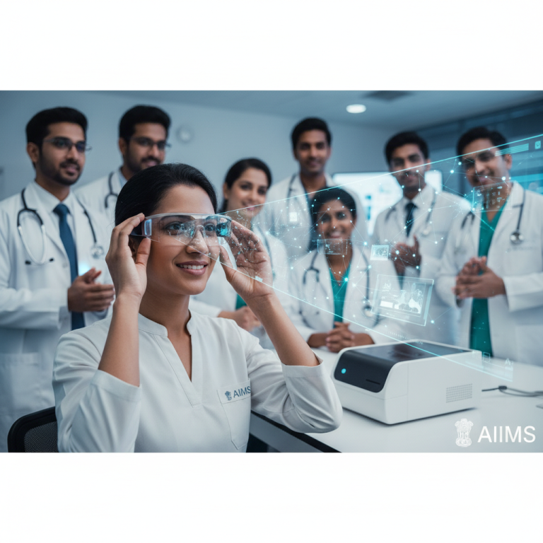 A professional image of a doctor wearing AI-powered smart glasses, with a team of doctors in the background.