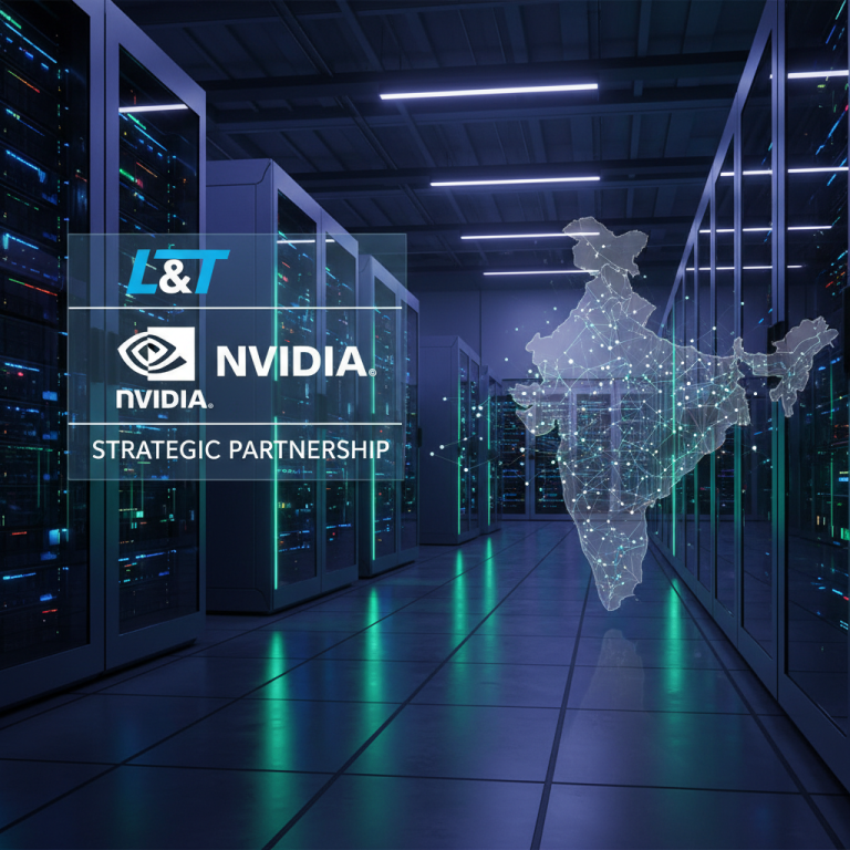 A futuristic data center with servers, showing L&T and NVIDIA logos and a glowing map of India with network connections.