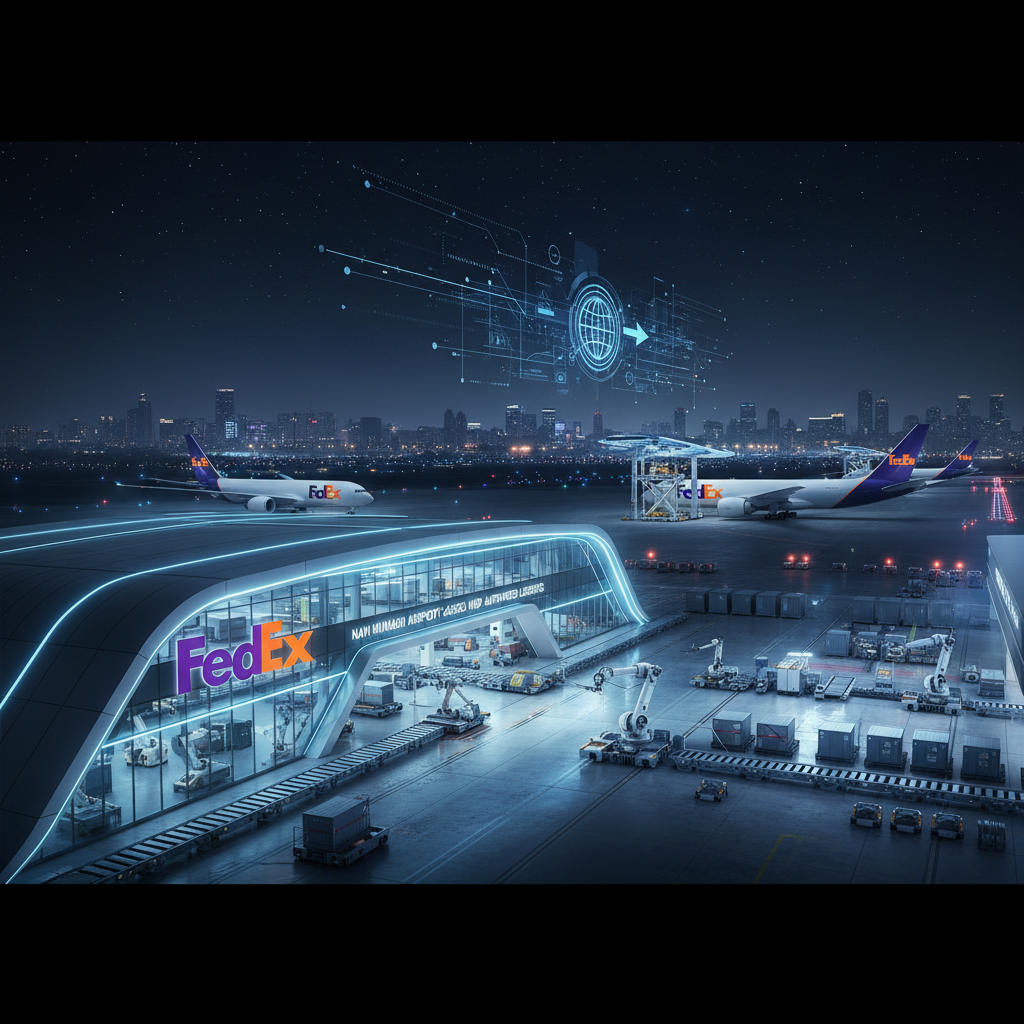 A modern, automated FedEx air cargo hub at night with planes, cargo, and futuristic data overlays.
