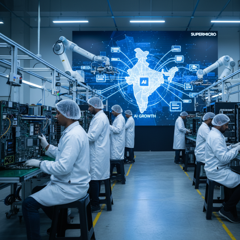 Factory floor with technicians assembling electronics, a large screen displays a map of India with "AI Growth."