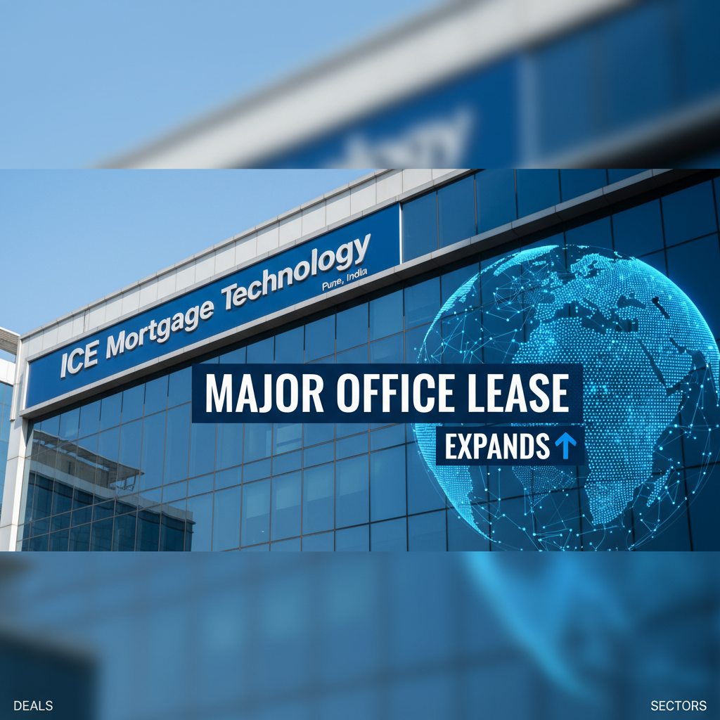 A modern office building with "ICE Mortgage Technology Pune, India" on the facade and a digital globe overlay.