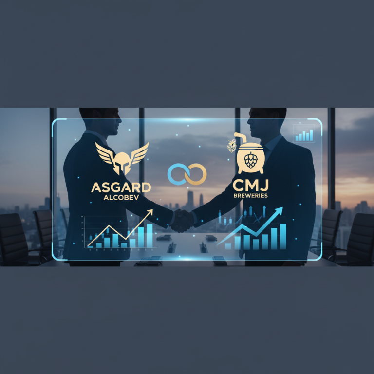 Two businessmen shaking hands with company logos and growth charts projected over them.