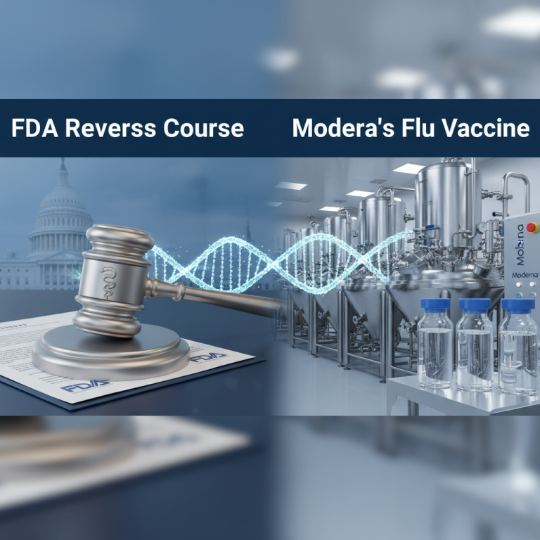 A gavel, DNA helix, and vaccine manufacturing equipment, symbolizing policy, science, and pharma.