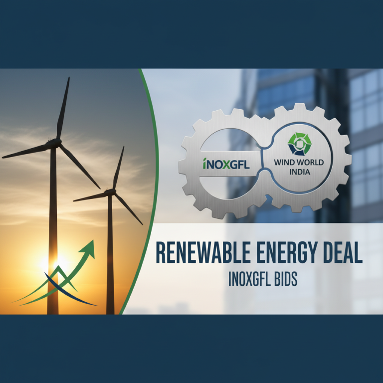 A professional image depicting wind turbines at sunset, with a graphic of two gears representing INOXGFL and Wind World India.