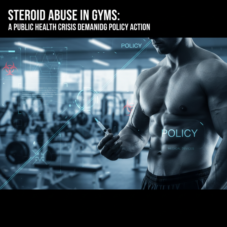 Muscular man holding a syringe with "POLICY" and "MEDICAL DEVICES" overlays, gym background.