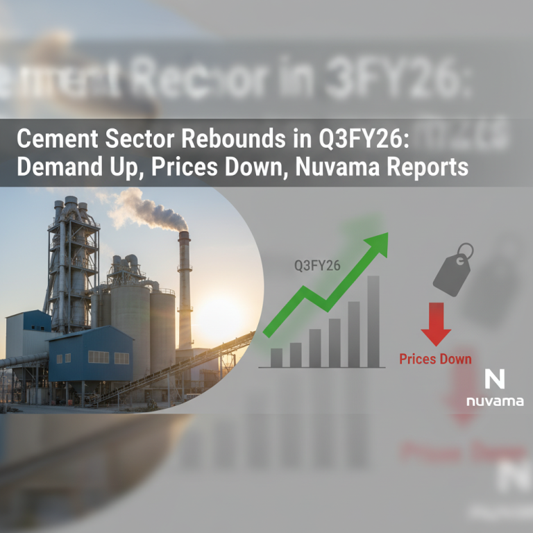 A modern cement factory at sunset with a superimposed graph showing rising demand and falling prices, and the Nuvama logo.