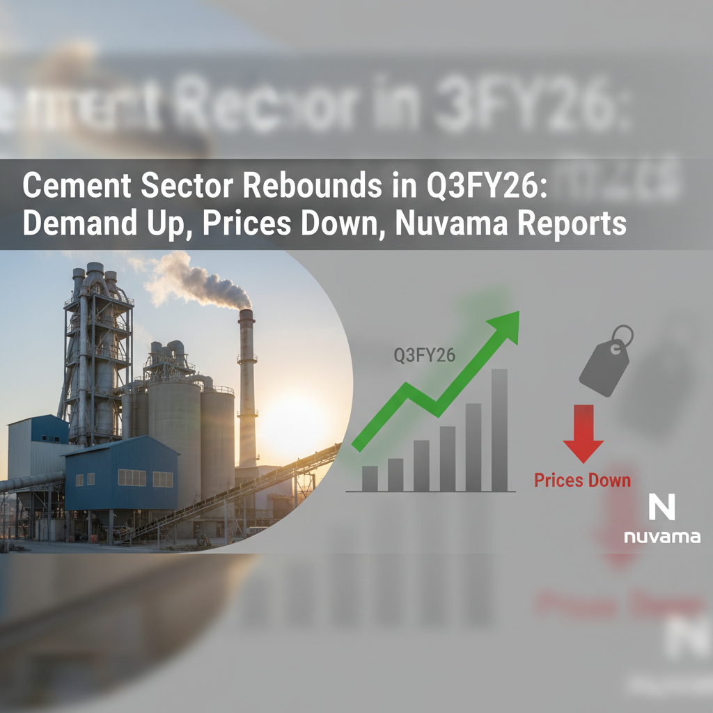 A modern cement factory at sunset with a superimposed graph showing rising demand and falling prices, and the Nuvama logo.