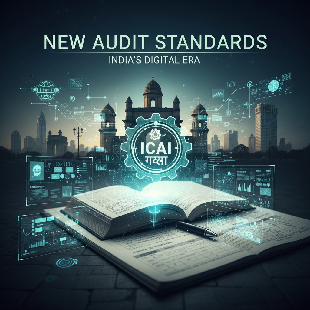 An open book with a pen, digital overlays, and the Indian Parliament in the background.