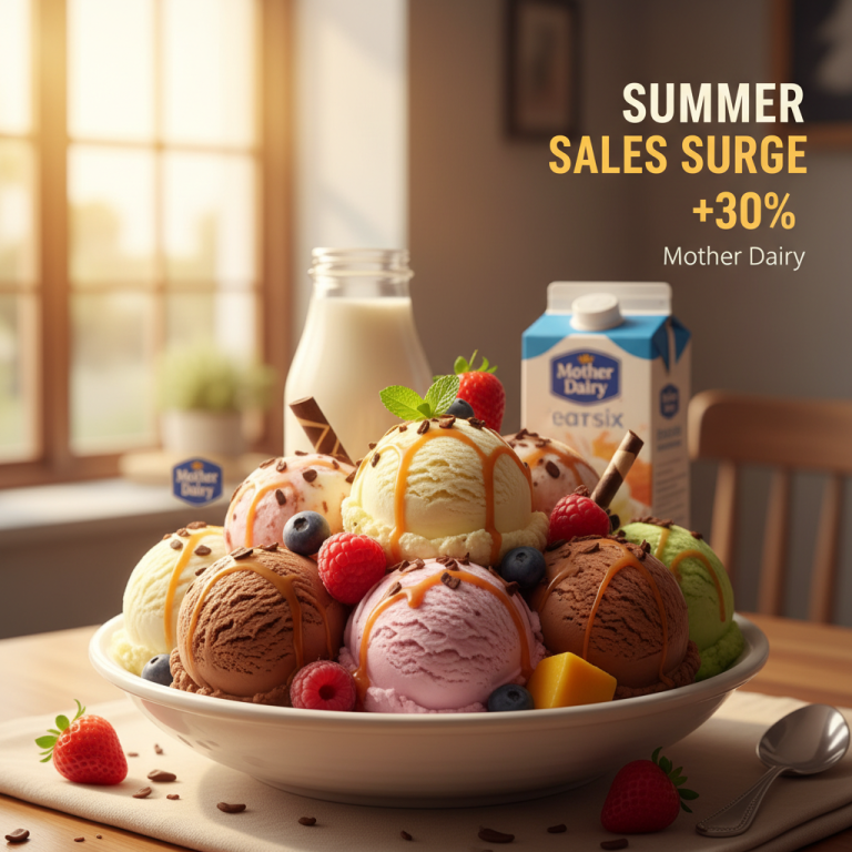 A vibrant bowl of various ice cream scoops with fruit and sauce, alongside Mother Dairy milk and juice.