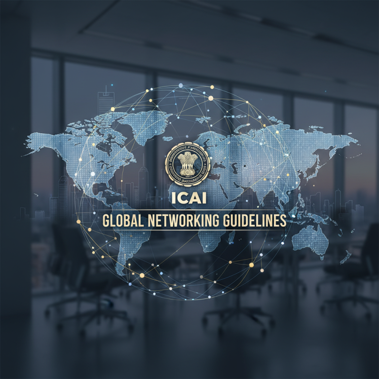 A professional image representing global networking for chartered accountant firms, with the ICAI logo and world map.